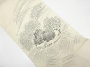 アンティーク　綴れ　手描き　田舎風景模様袋帯（材料）